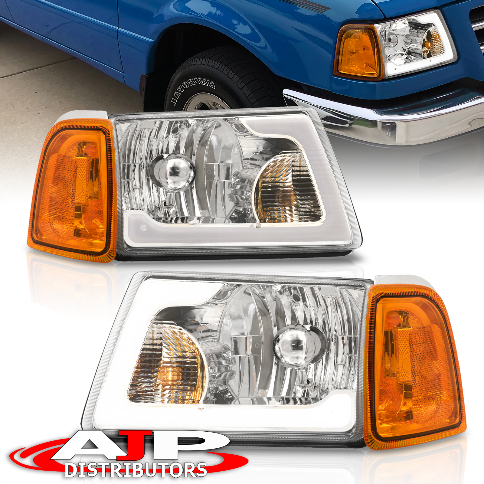 Team-Alpha Chrome/Clear Headlights With Amber Corner For Ford Ranger 2001-2011 – 4pc Set